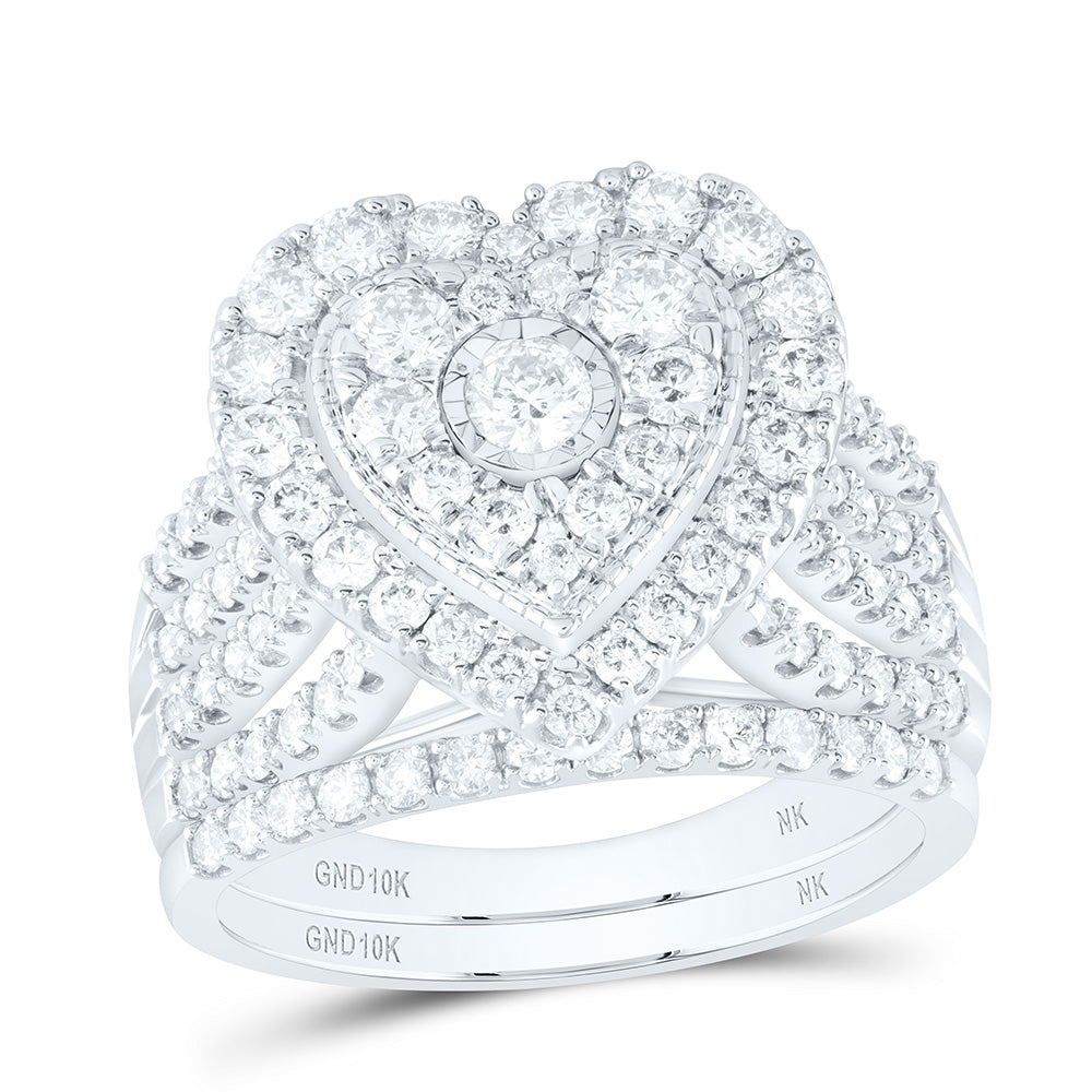 10kt White Gold Round Diamond Heart Bridal Wedding Ring Band Set 1-1/2 Cttw