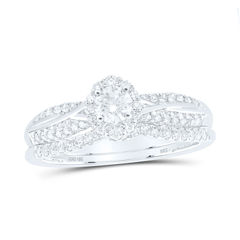10kt White Gold Round Diamond Halo Bridal Wedding Ring Band Set 1/2 Cttw