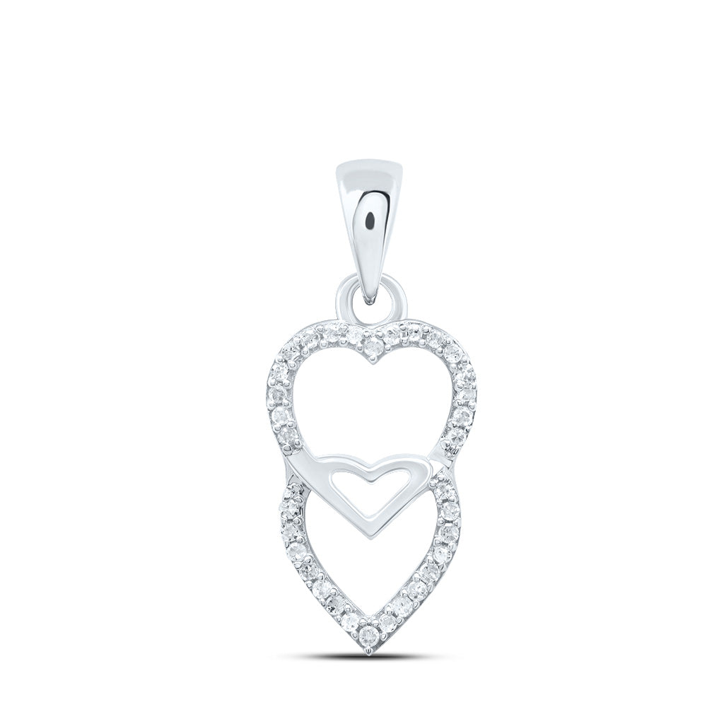 10kt White Gold Womens Round Diamond Double Hanging Heart Pendant 1/10 Cttw