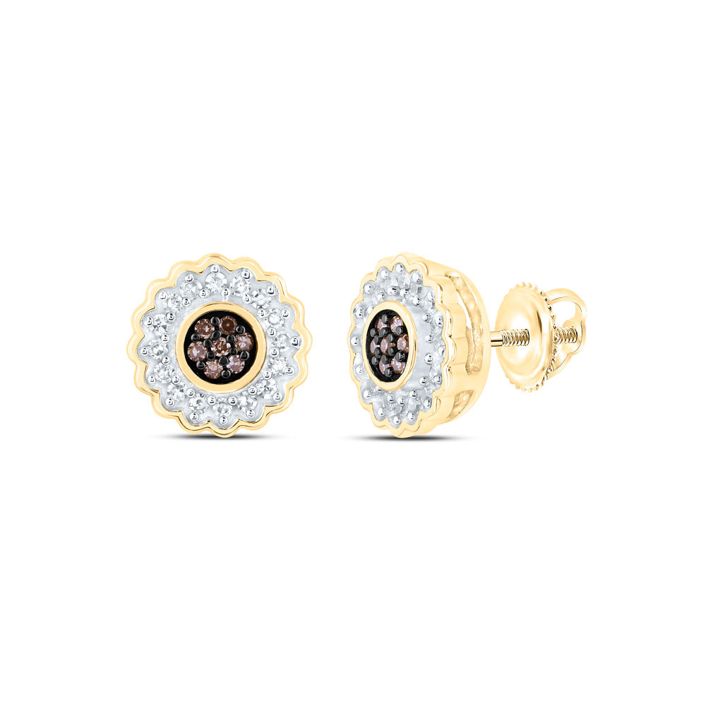 10kt Yellow Gold Womens Round Brown Diamond Cluster Earrings 1/6 Cttw