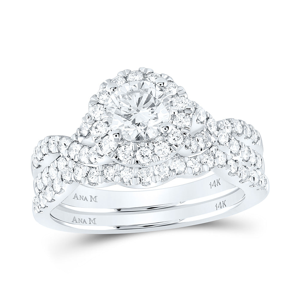 14kt White Gold Round Diamond Halo Bridal Wedding Ring Band Set 1-1/2 Cttw