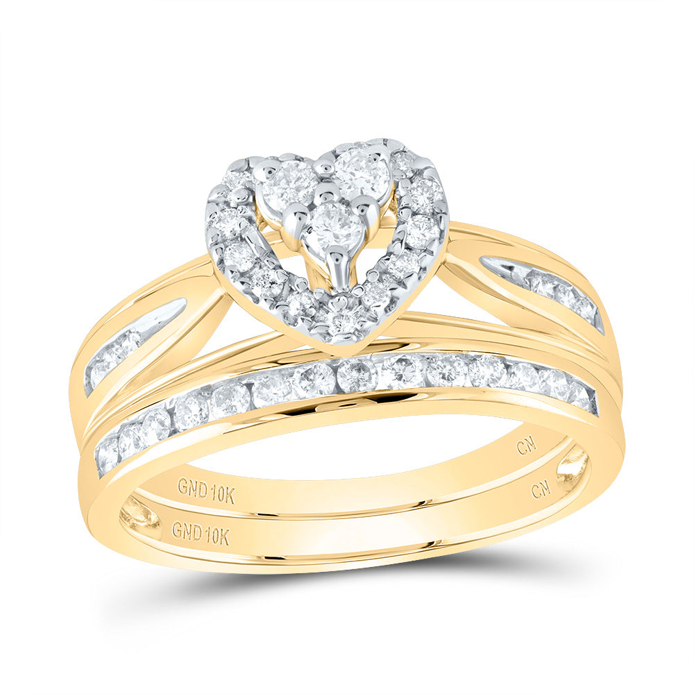 10kt Yellow Gold Round Diamond Heart Bridal Wedding Ring Band Set 1/2 Cttw