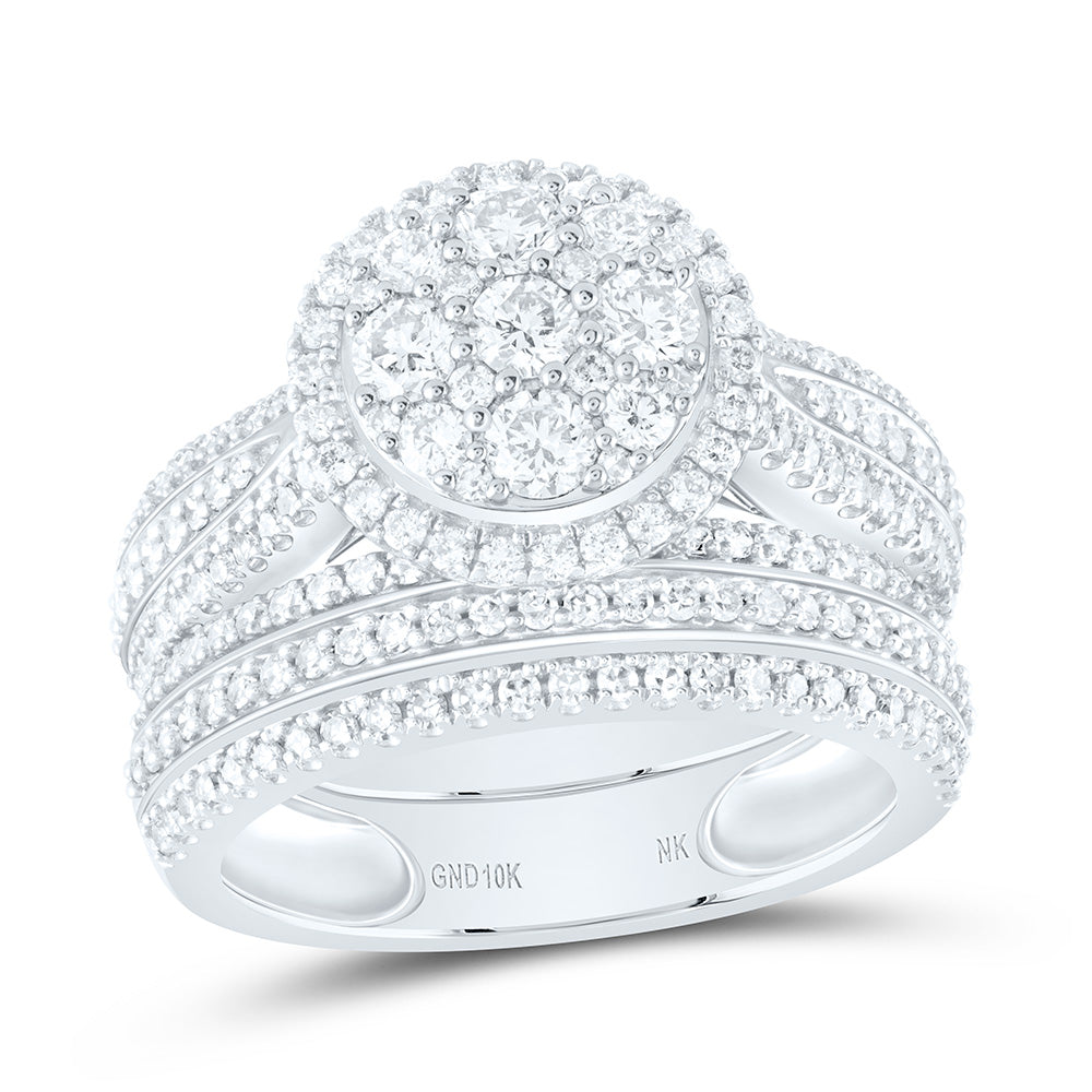 10kt White Gold Round Diamond Cluster Bridal Wedding Ring Band Set 1-3/8 Cttw
