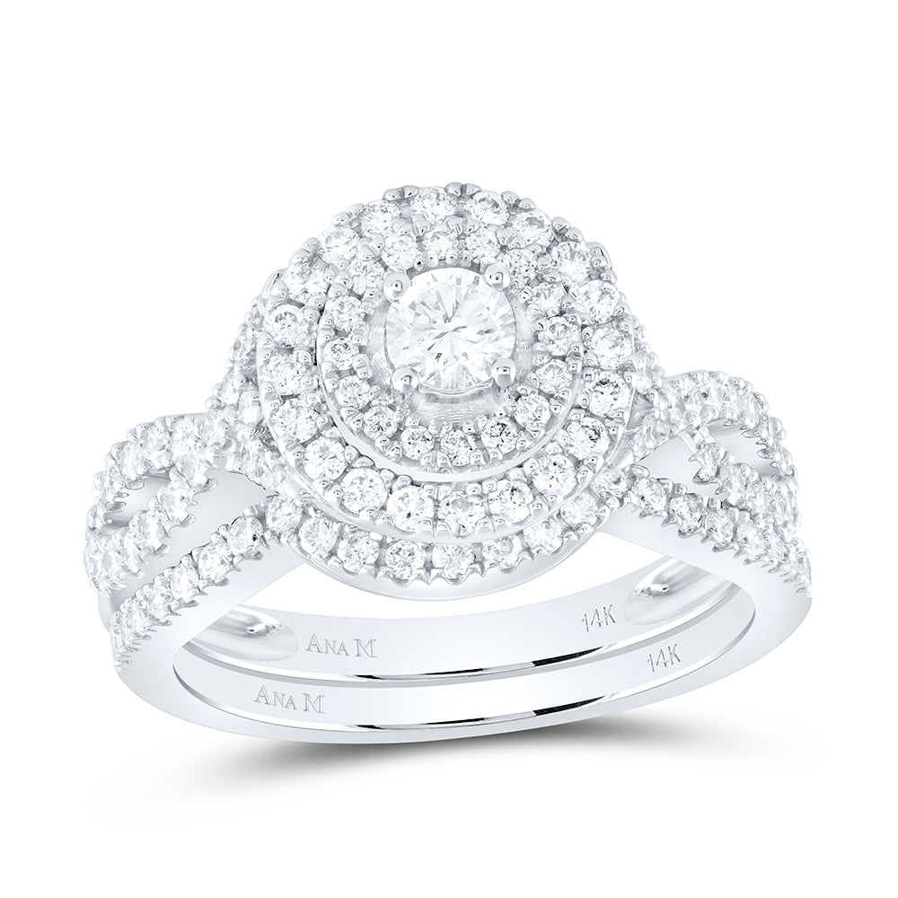 14kt White Gold Round Diamond Halo Bridal Wedding Ring Band Set 1 Cttw