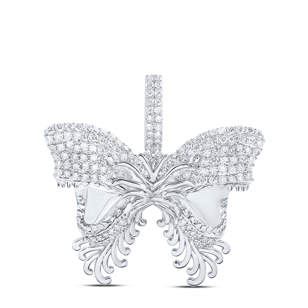 10kt White Gold Mens Round Diamond Butterfly Charm Pendant 2-1/4 Cttw