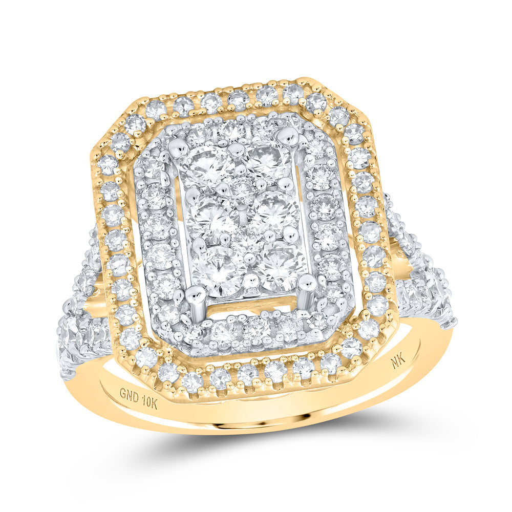 10kt Yellow Gold Womens Round Diamond Rectangle Cluster Ring 1-1/2 Cttw