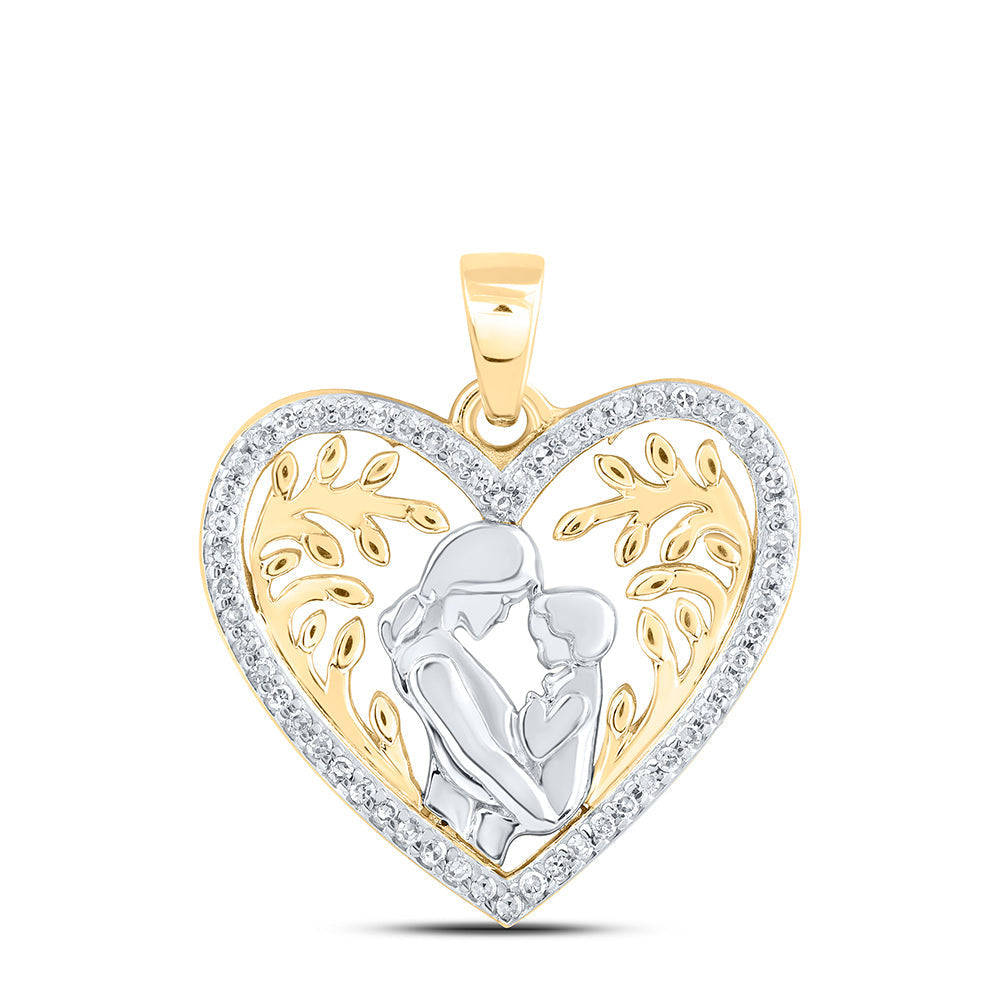 10kt Yellow Gold Womens Round Diamond Mom Child Heart Pendant 1/10 Cttw