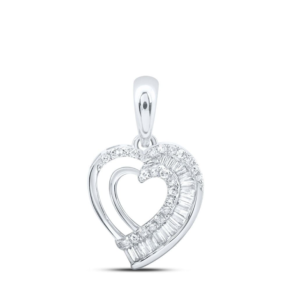 10kt White Gold Womens Baguette Diamond Heart Pendant 1/4 Cttw