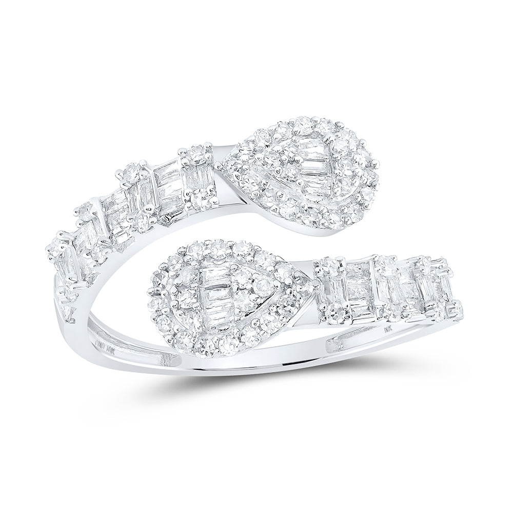 10kt White Gold Womens Baguette Diamond Pear Cuff Band Ring 5/8 Cttw