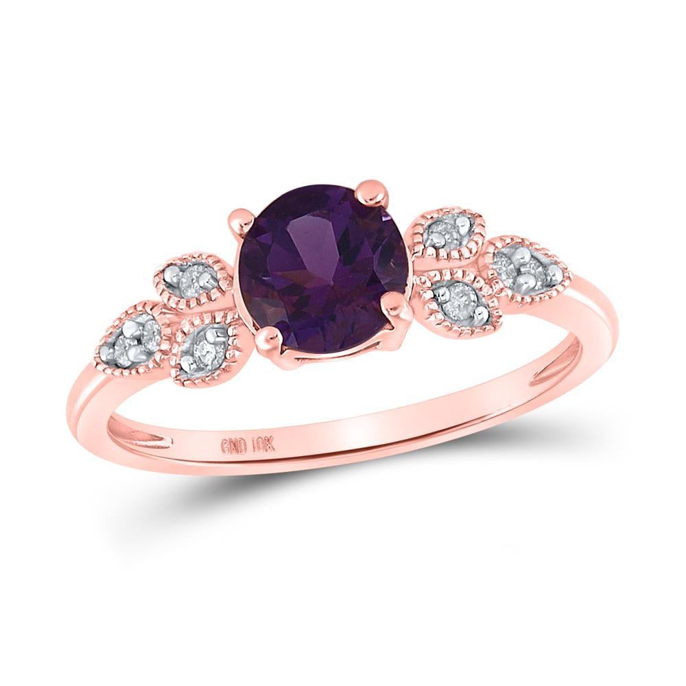 10kt Rose Gold Womens Round Lab-Created Amethyst Floral Solitaire Ring 7/8 Cttw