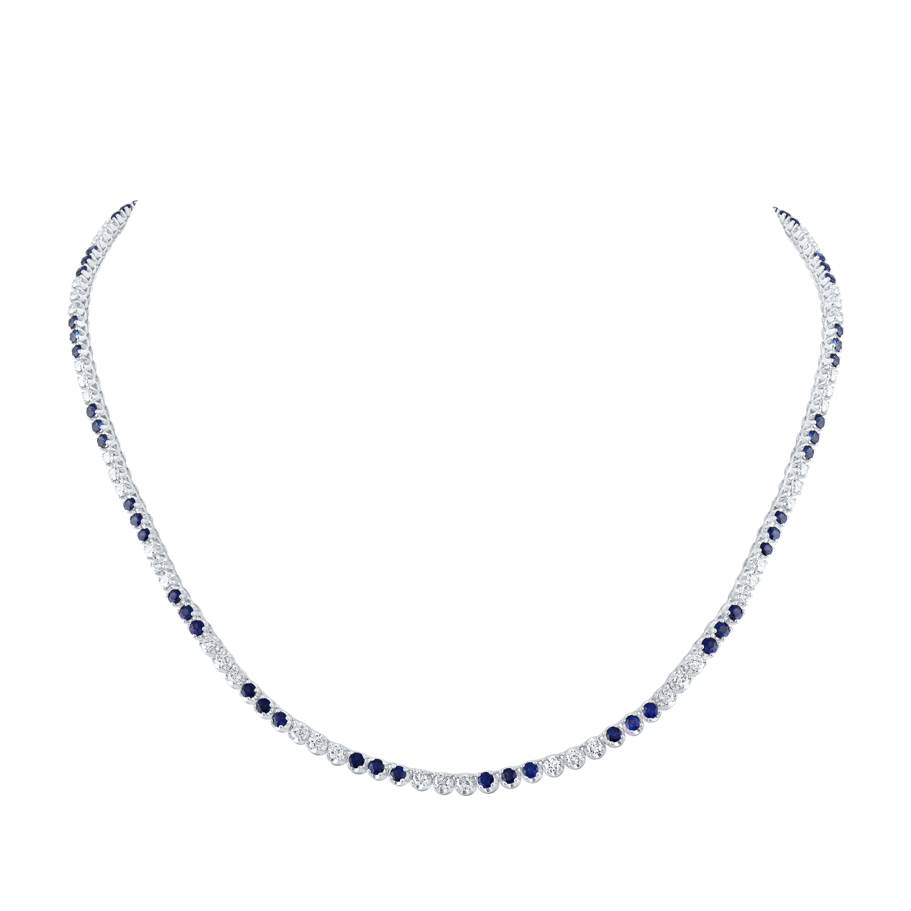 14K White Gold Oval Blue Sapphire and Diamond Tennis Necklace