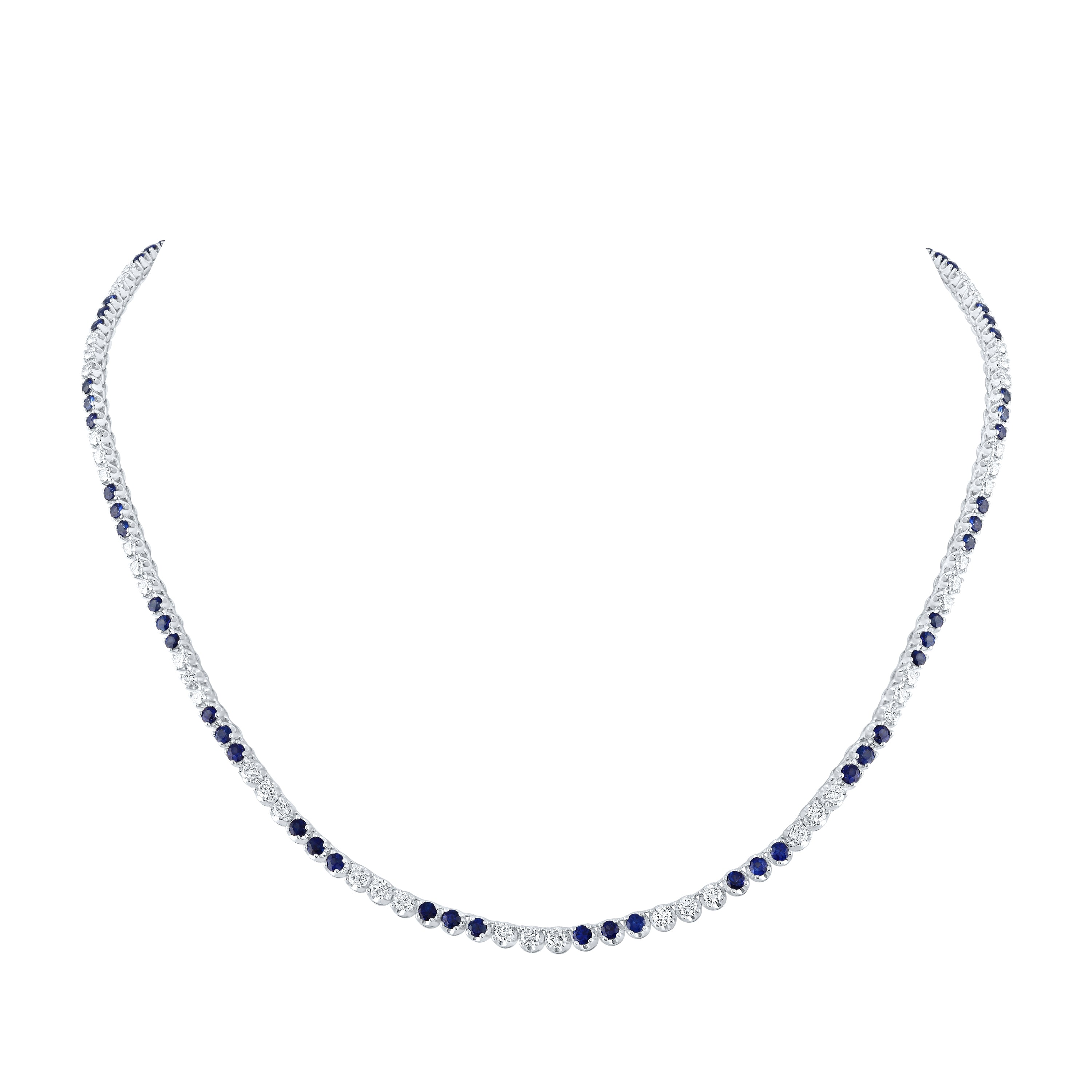 14kt White Gold Womens Round Blue Sapphire Diamond 18-inch Tennis Necklace 8-3/8 Cttw