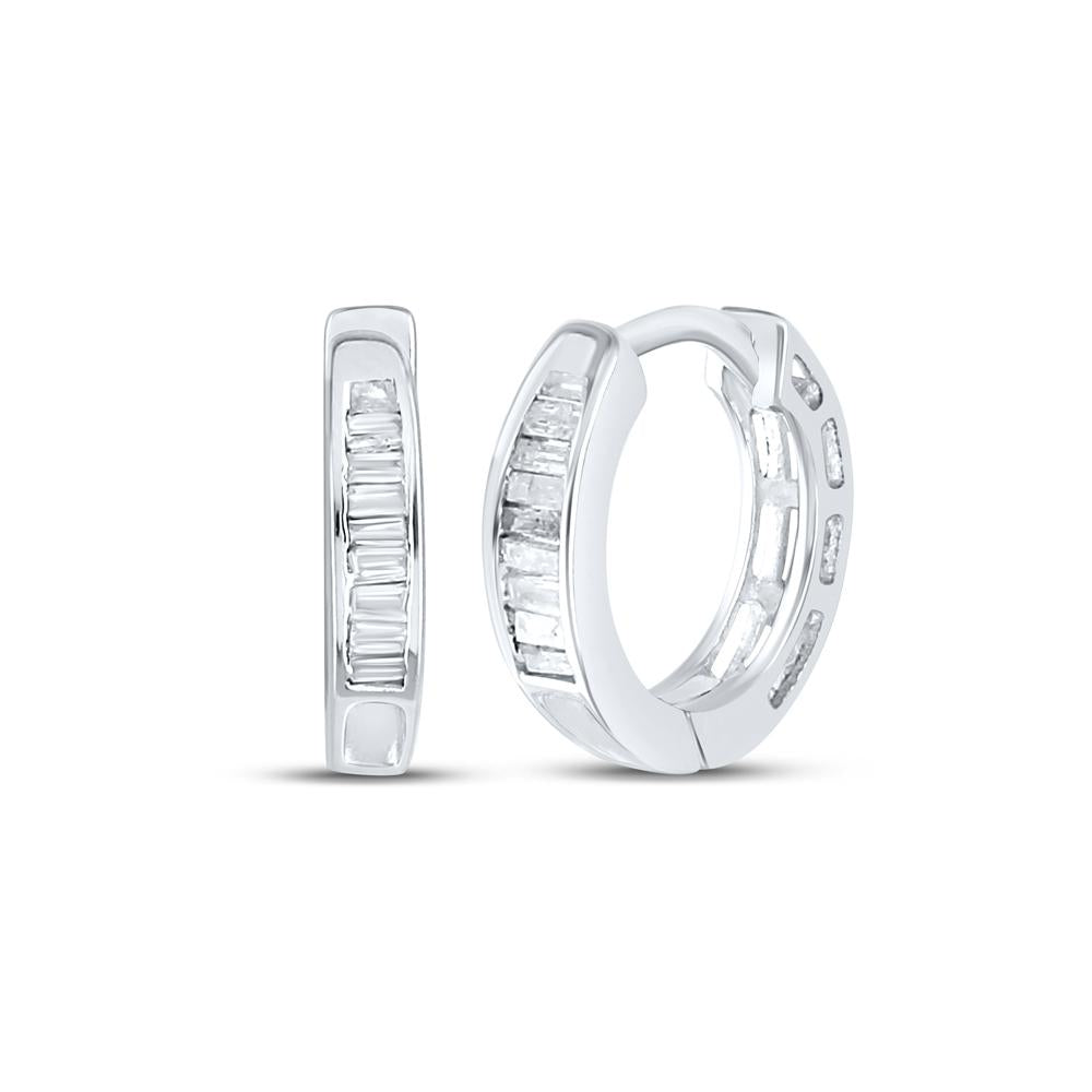 Sterling Silver Womens Baguette Diamond Huggie Earrings 1/6 Cttw