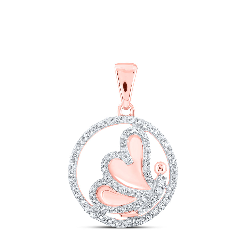 10kt Rose Gold Womens Round Diamond Butterfly Heart Pendant 1/4 Cttw