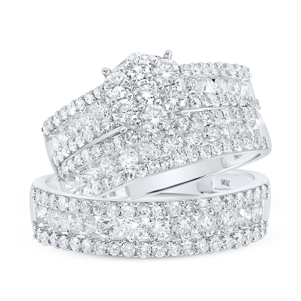 14kt White Gold His Hers Round Diamond Cluster Matching Wedding Set 2-7/8 Cttw