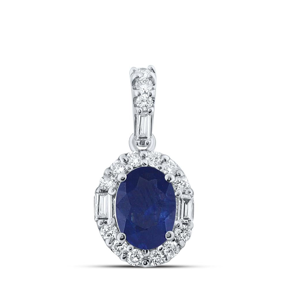 14kt White Gold Womens Diamond Oval Blue Sapphire Diamond Oval Pendant 1 Cttw