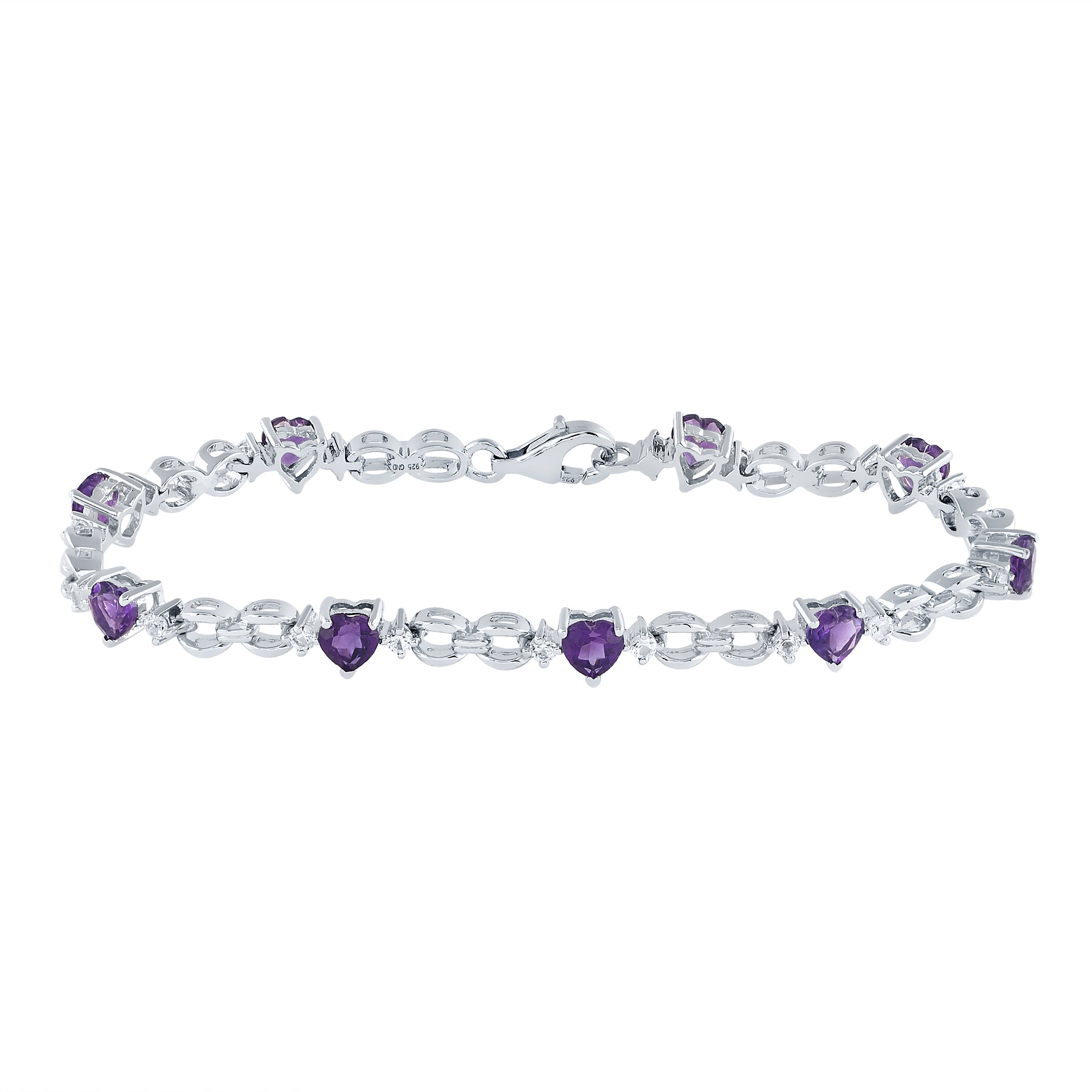 Sterling Silver Womens Heart Synthetic Amethyst Heart Bracelet 5-1/2 Cttw