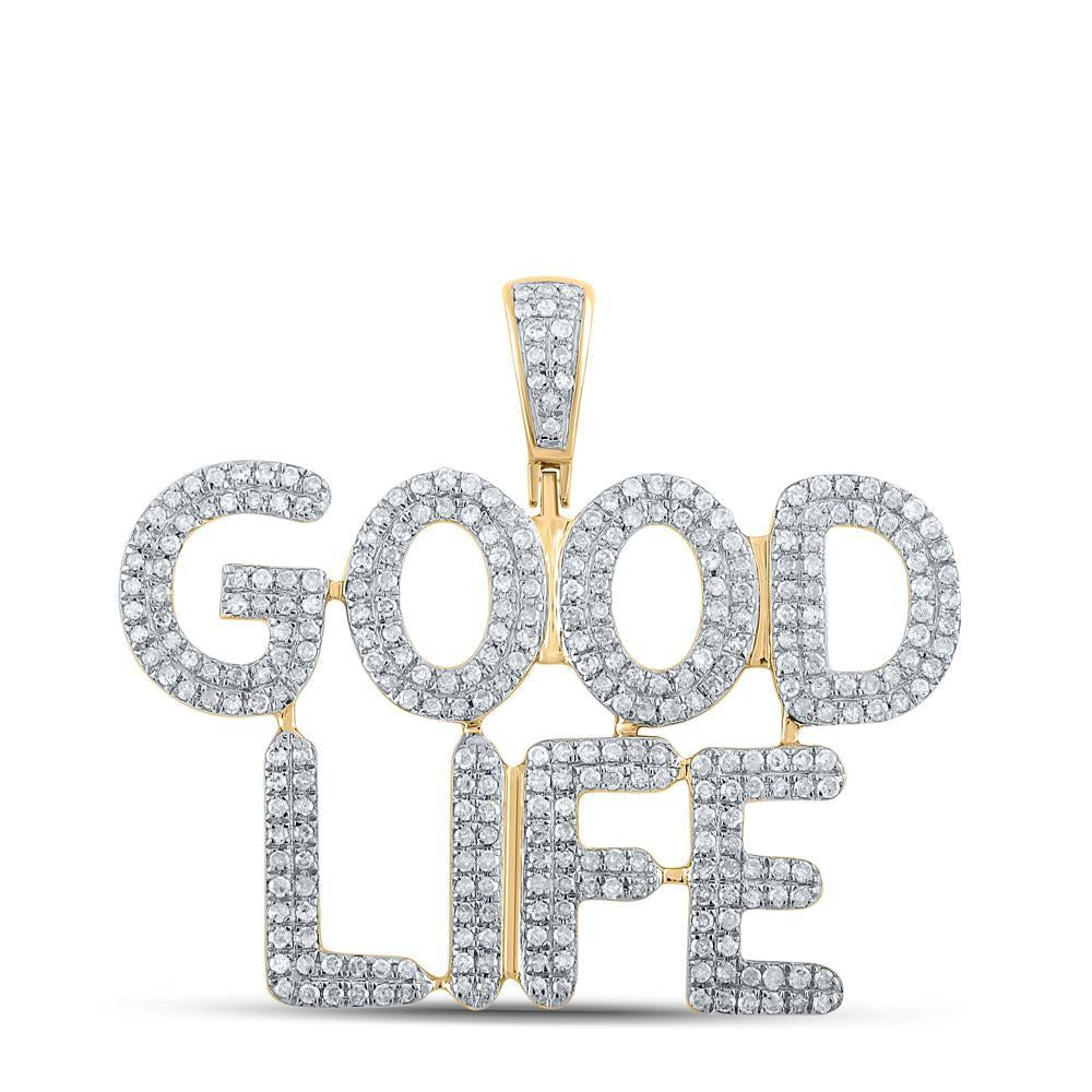 10kt Yellow Gold Mens Round Diamond Good Life Phrase Charm Pendant 1 Cttw