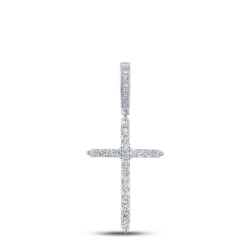 10kt White Gold Mens Round Diamond Cross Charm Pendant 1/2 Cttw