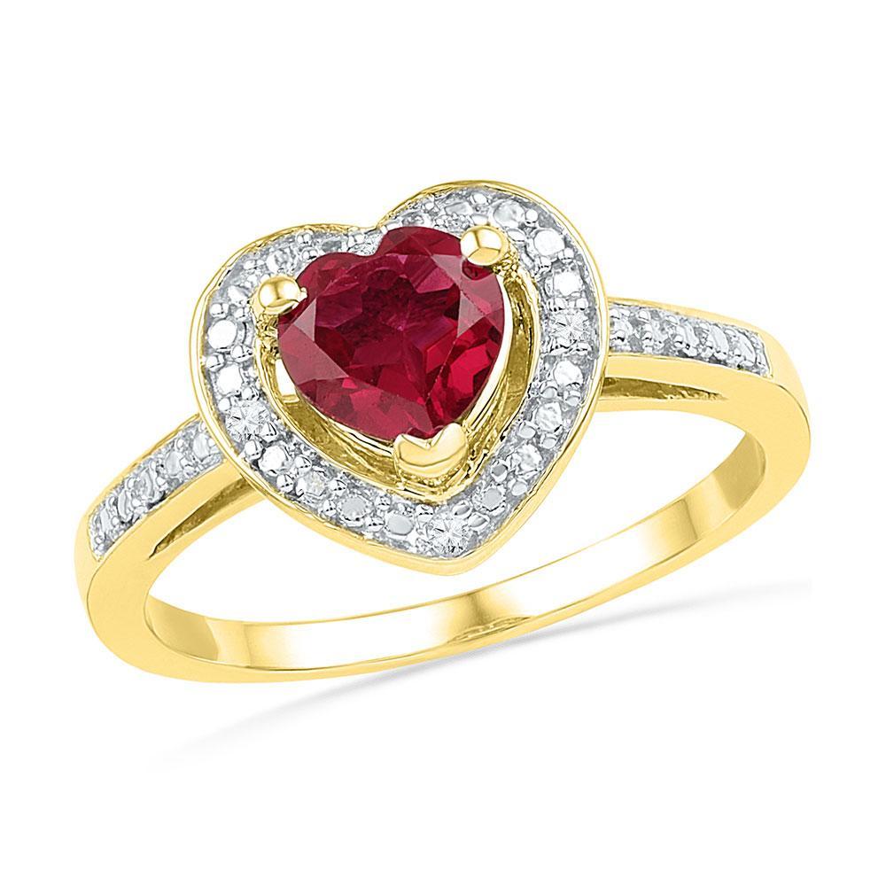 10kt Yellow Gold Womens Round Lab-Created Ruby Heart Ring 1 Cttw