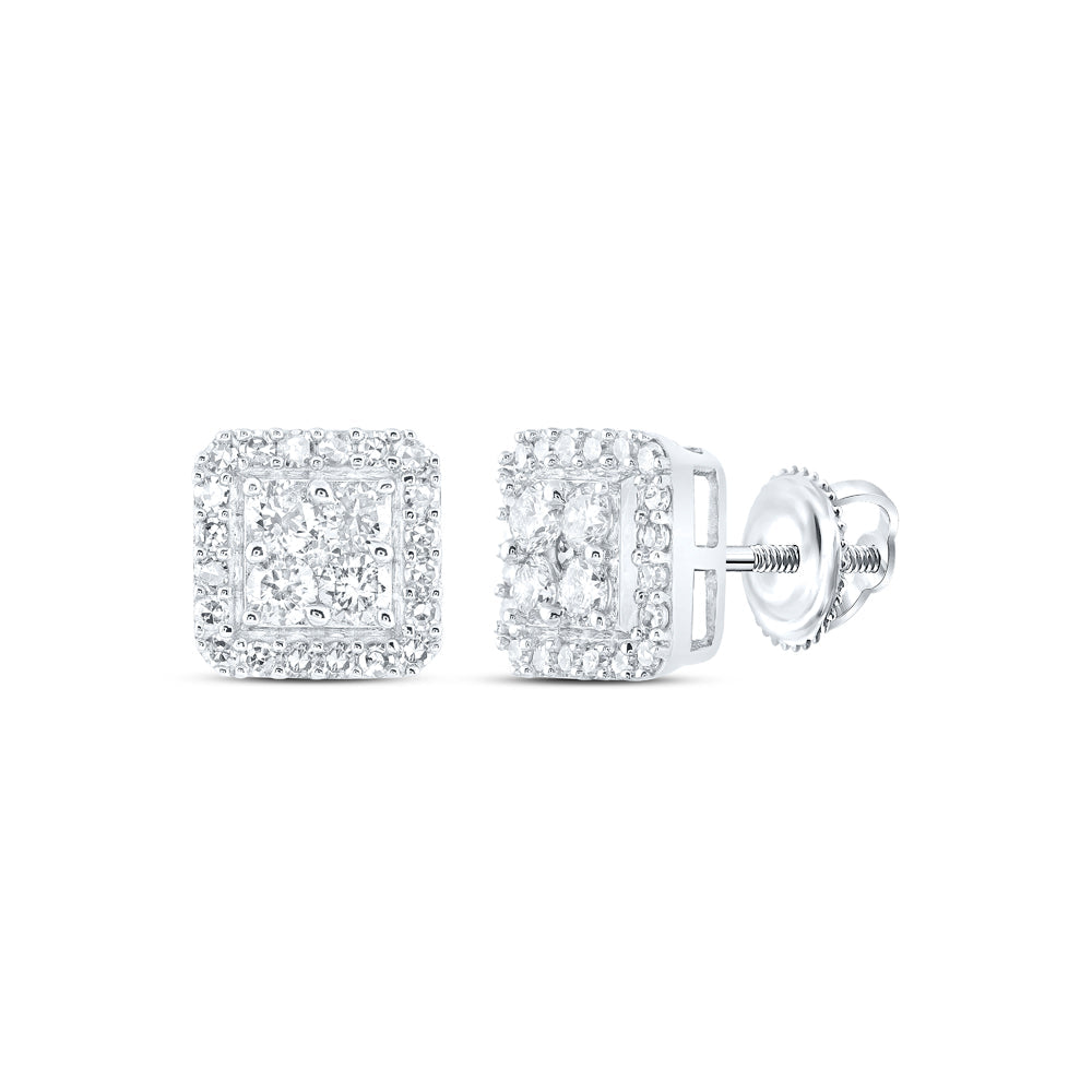 10kt White Gold Mens Round Diamond Square Earrings 5/8 Cttw