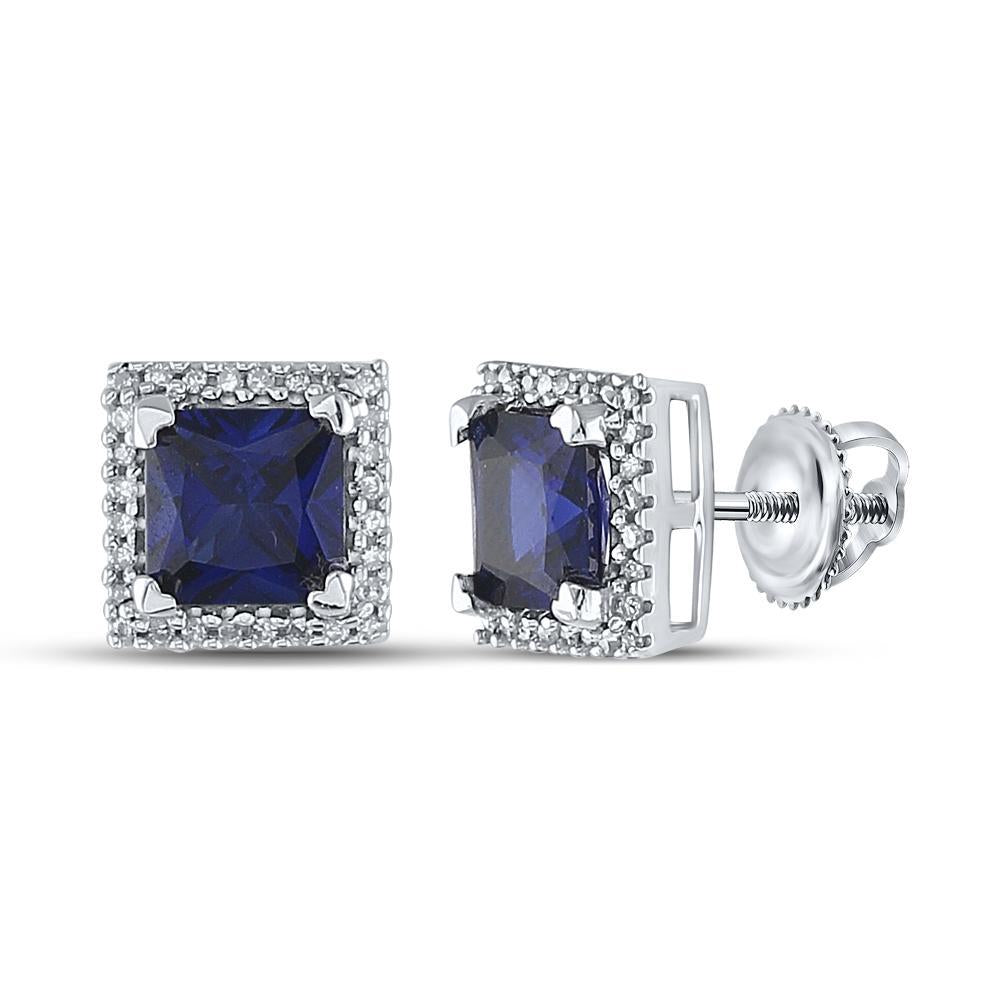 10kt White Gold Womens Princess Lab-Created Blue Sapphire Stud Earrings 2 Cttw