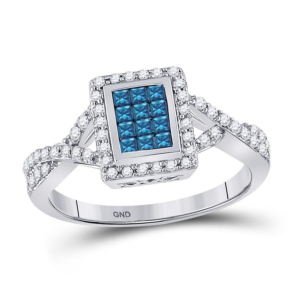 10kt White Gold Womens Princess Blue Color Enhanced Diamond Cluster Ring 1/2 Cttw