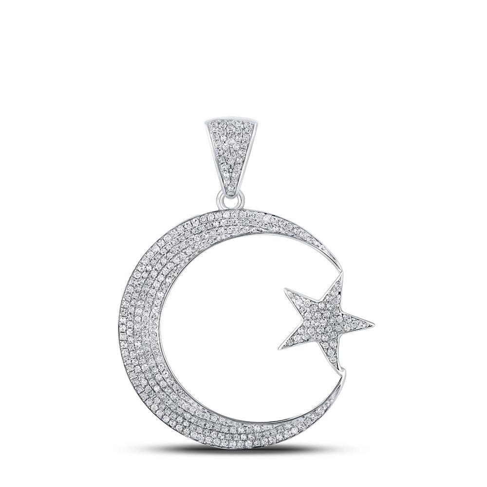 10kt White Gold Mens Round Diamond Crescent Moon Star Charm Pendant 3/4 Cttw