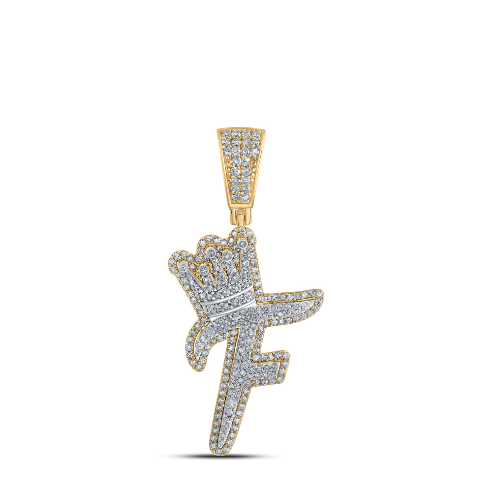 10kt Yellow Gold Mens Round Diamond F Crown Letter Charm Pendant 1 Cttw