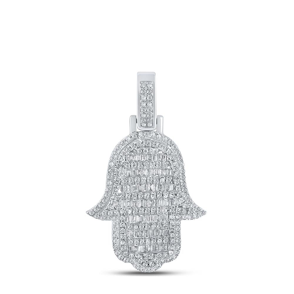 10kt White Gold Mens Baguette Diamond Hamsa Charm Pendant 7/8 Cttw