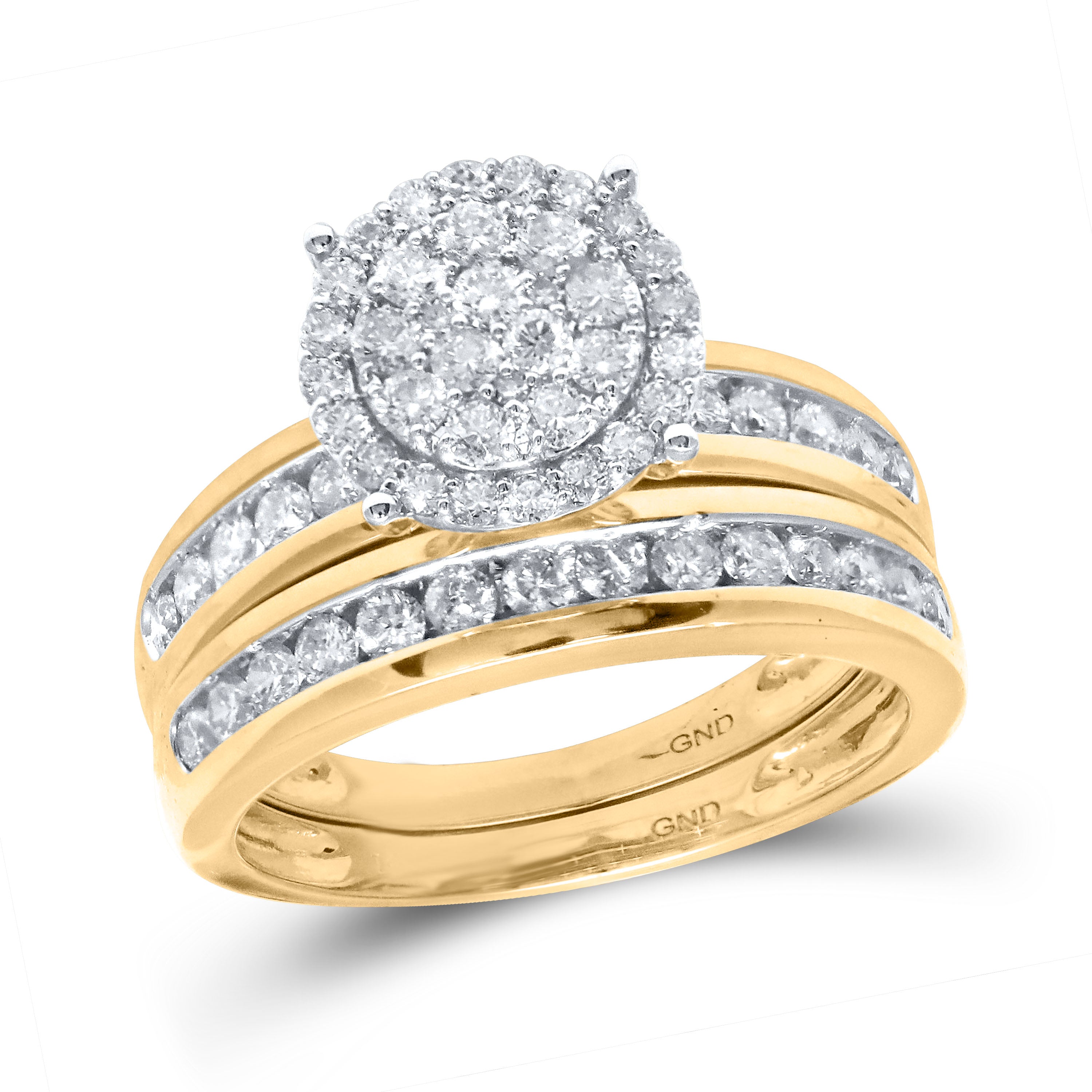 14kt Yellow Gold His Hers Round Diamond Cluster Matching Wedding Set 1-1/2 Cttw