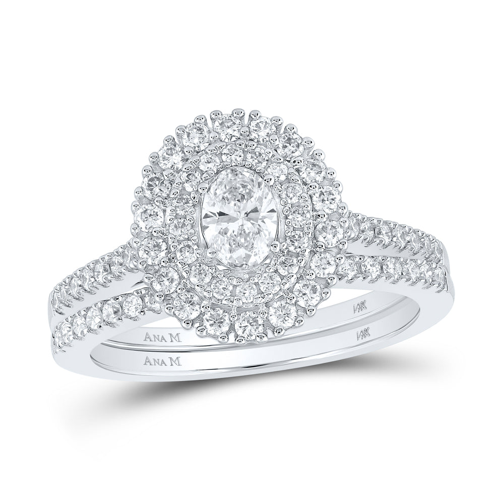 14kt White Gold Oval Diamond Halo Bridal Wedding Ring Band Set 1 Cttw