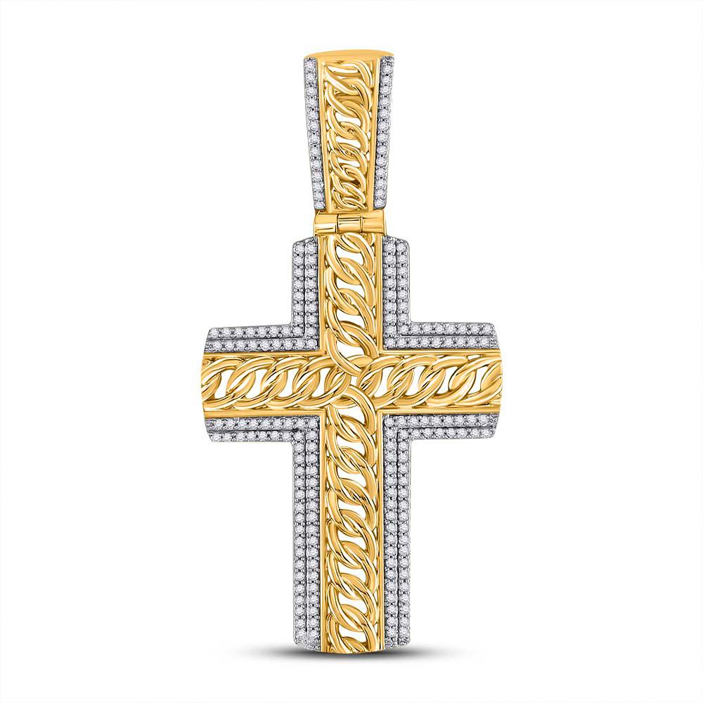 10kt Yellow Gold Mens Round Diamond Curb Link Cross Charm Pendant 1/2 Cttw