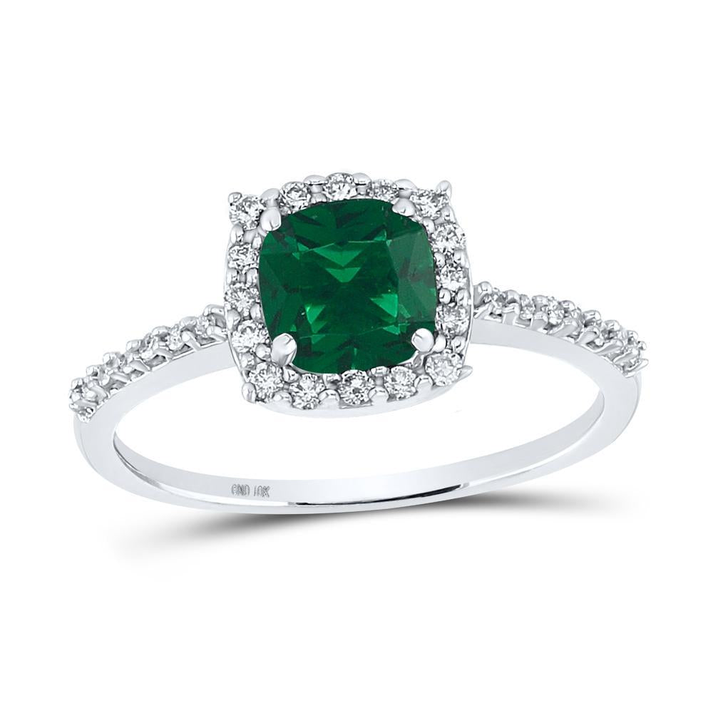 10kt White Gold Womens Cushion Lab-Created Emerald Diamond Solitaire Ring 1-1/5 Cttw