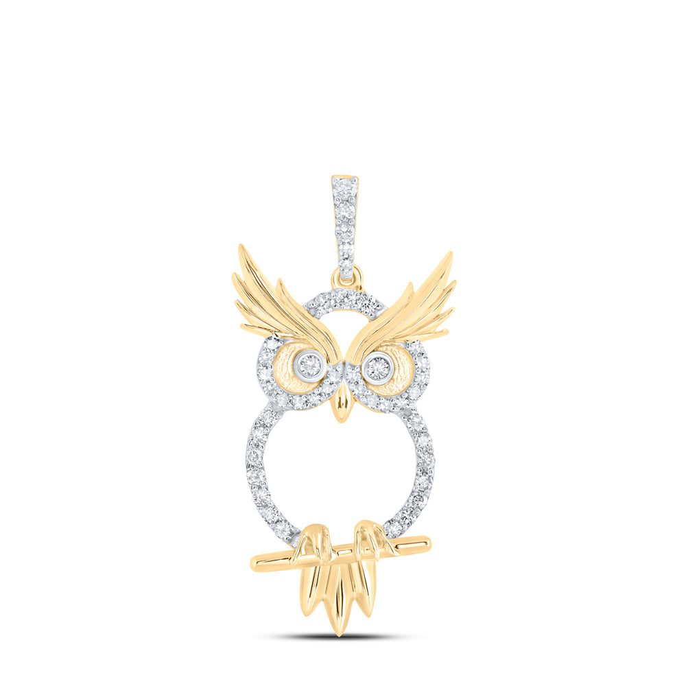 10kt Yellow Gold Womens Round Diamond Owl Animal Pendant 1/3 Cttw