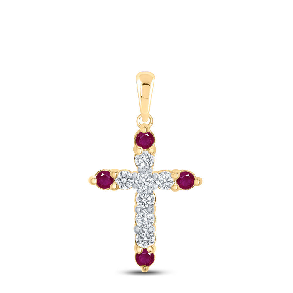 10kt Yellow Gold Womens Round Ruby Diamond Cross Pendant 1/2 Cttw