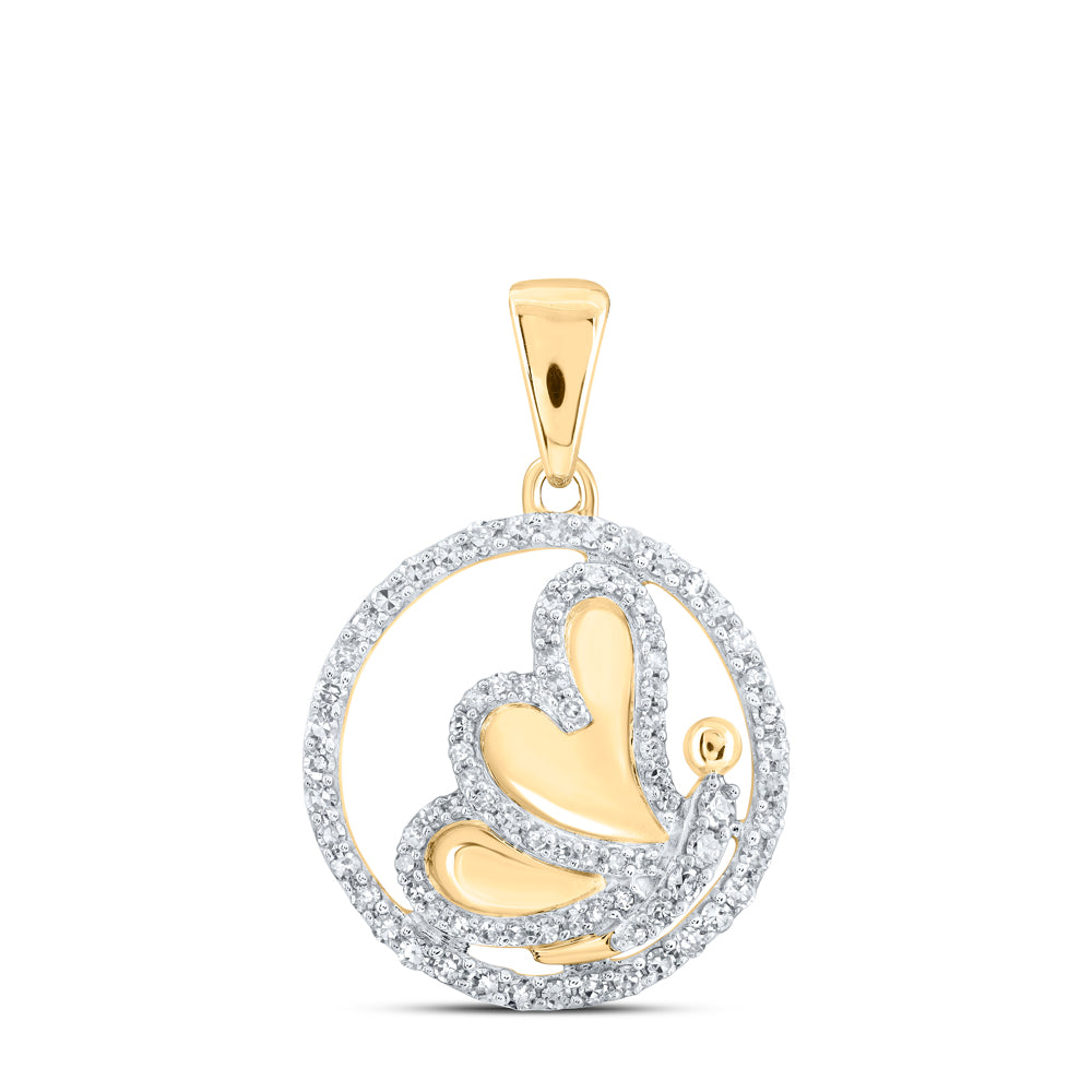 10kt Yellow Gold Womens Round Diamond Butterfly Heart Pendant 1/4 Cttw