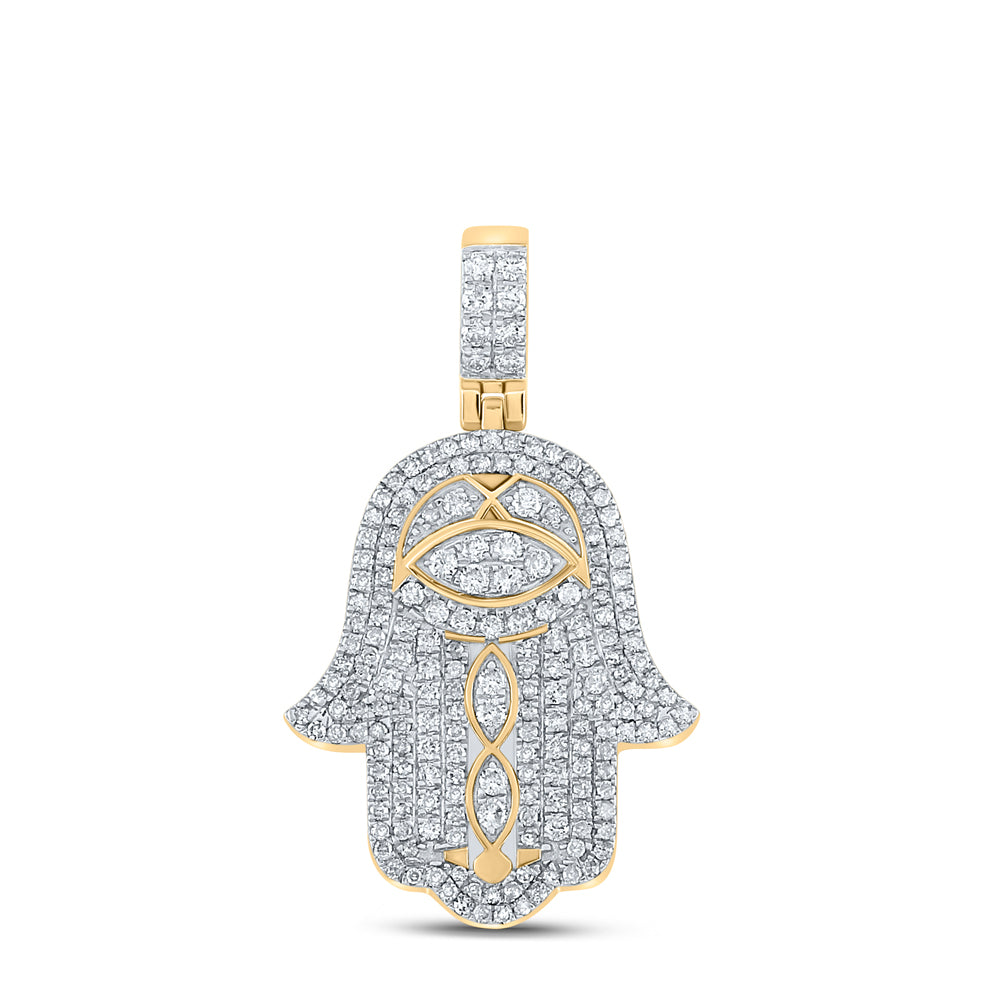 10kt Yellow Gold Mens Round Diamond Hamsa Hand Charm Pendant 1-1/2 Cttw