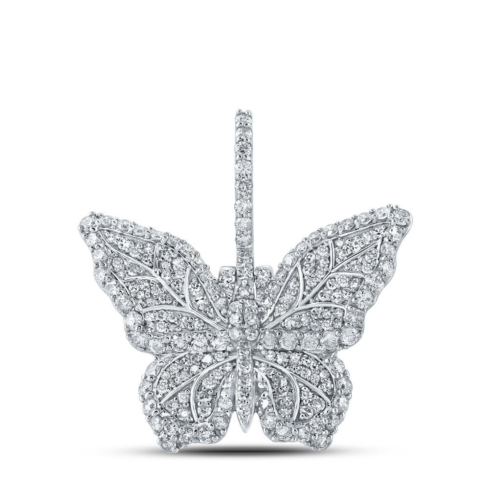 14kt White Gold Mens Round Diamond Butterfly Charm Pendant 1-1/2 Cttw