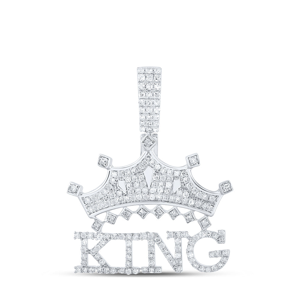 Sterling Silver Mens Round Diamond KING Crown Charm Pendant 7/8 Cttw