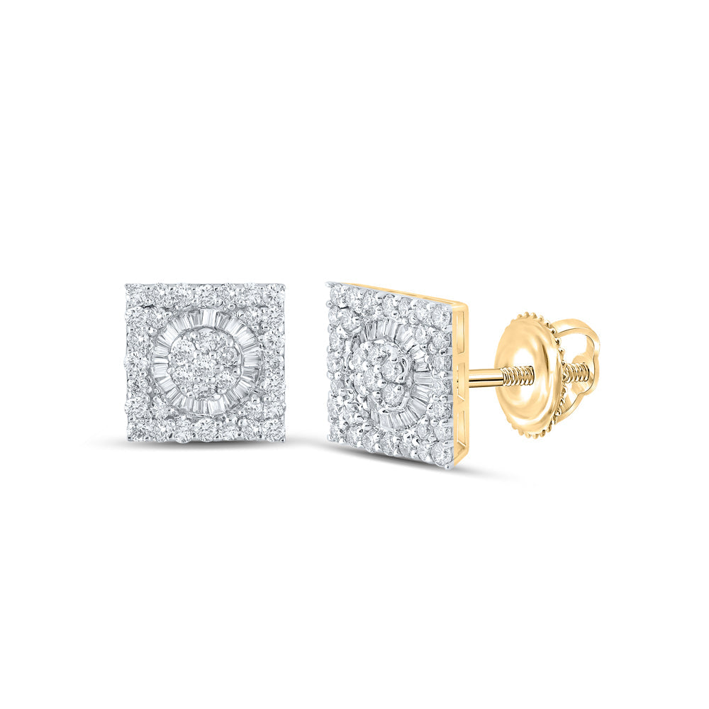 14kt Yellow Gold Mens Round Diamond Square Earrings 7/8 Cttw