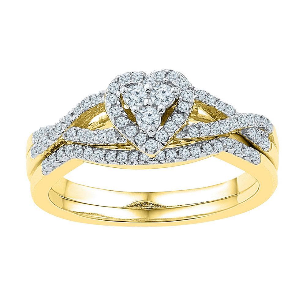 10k Yellow Gold Round Diamond Heart Cluster Bridal Wedding Ring Band Set 3/8 Cttw
