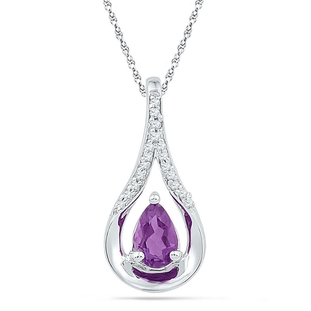 Sterling Silver Womens Pear Synthetic Amethyst Solitaire Diamond Teardrop Pendant 1/2 Cttw