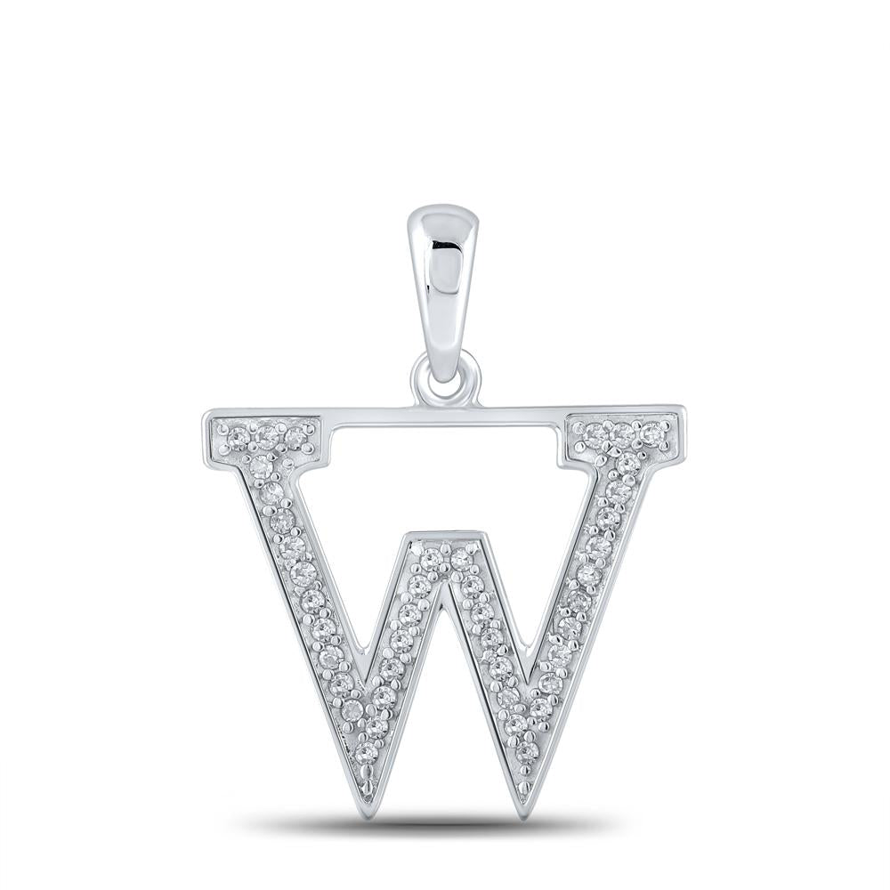 10kt White Gold Womens Round Diamond Initial W Letter Pendant 1/12 Cttw
