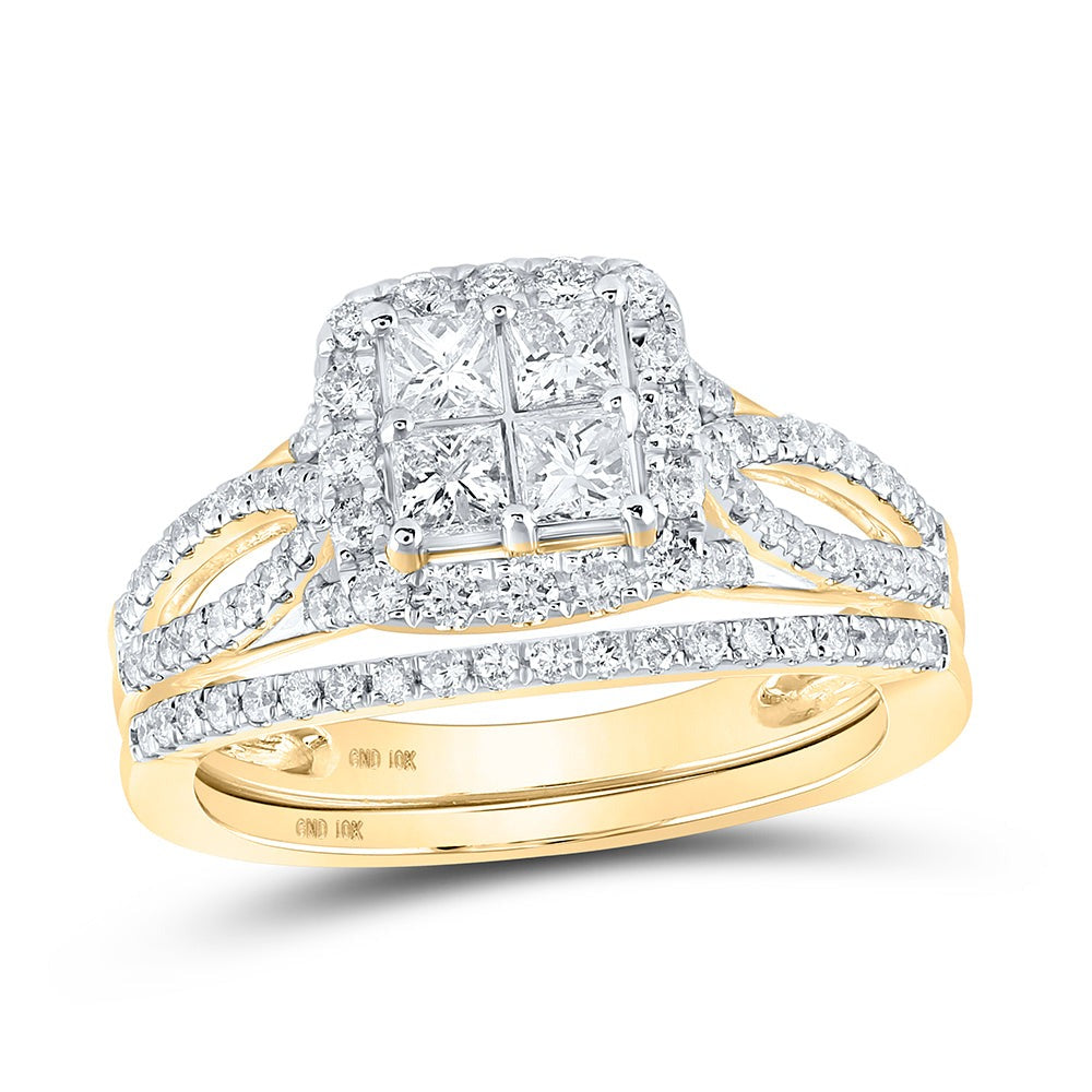 10kt Yellow Gold Princess Diamond Square Bridal Wedding Ring Band Set 1 Cttw