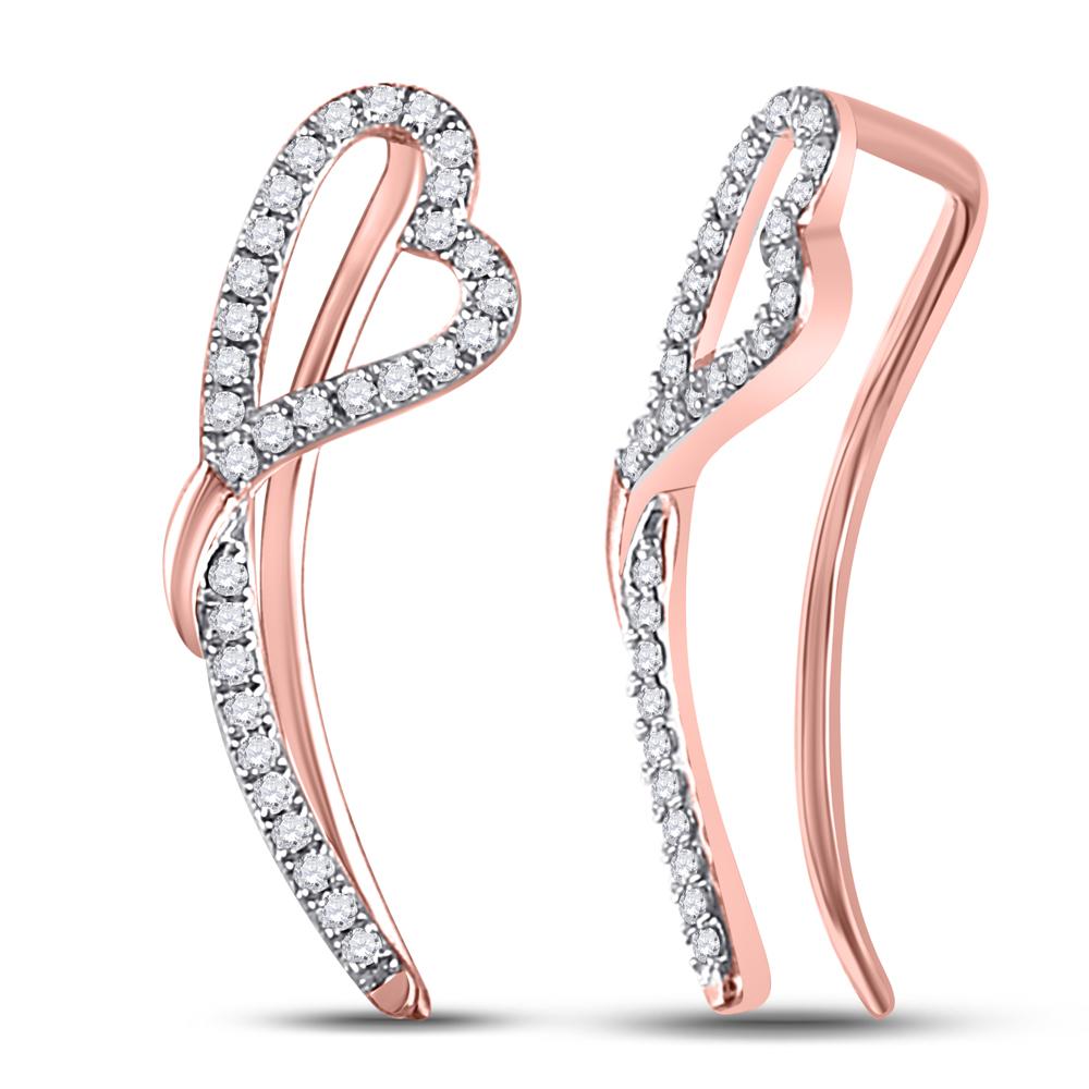 10kt Rose Gold Womens Round Diamond Heart Climber Earrings 1/5 Cttw