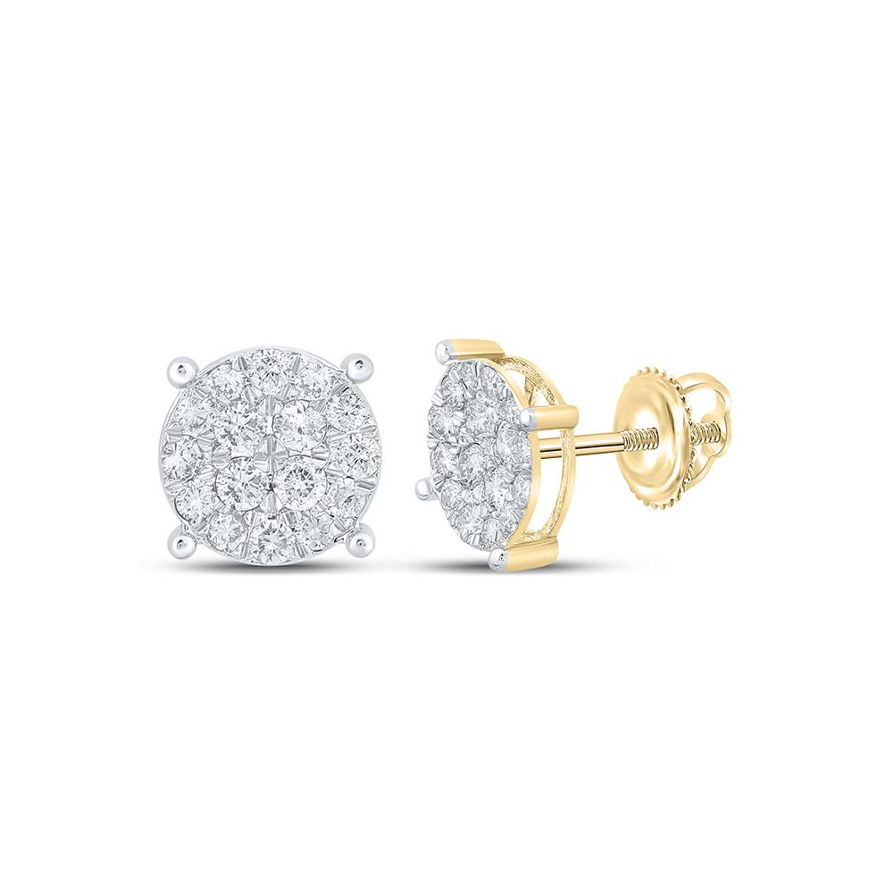 14kt Yellow Gold Mens Round Diamond Cluster Earrings 1 Cttw