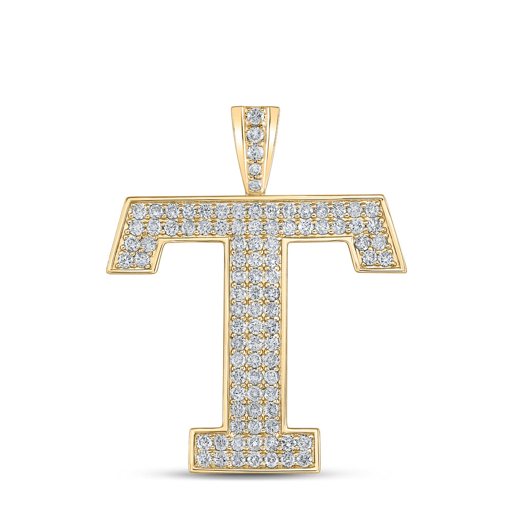 10kt Yellow Gold Mens Round Diamond T Initial Letter Charm Pendant 1-1/2 Cttw