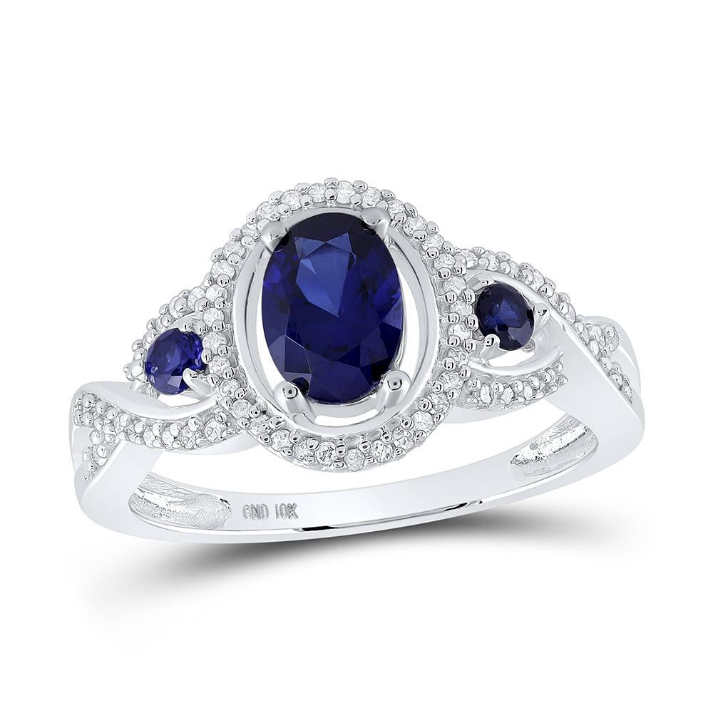 10kt White Gold Womens Oval Lab-Created Blue Sapphire 3-stone Ring 1-1/2 Cttw