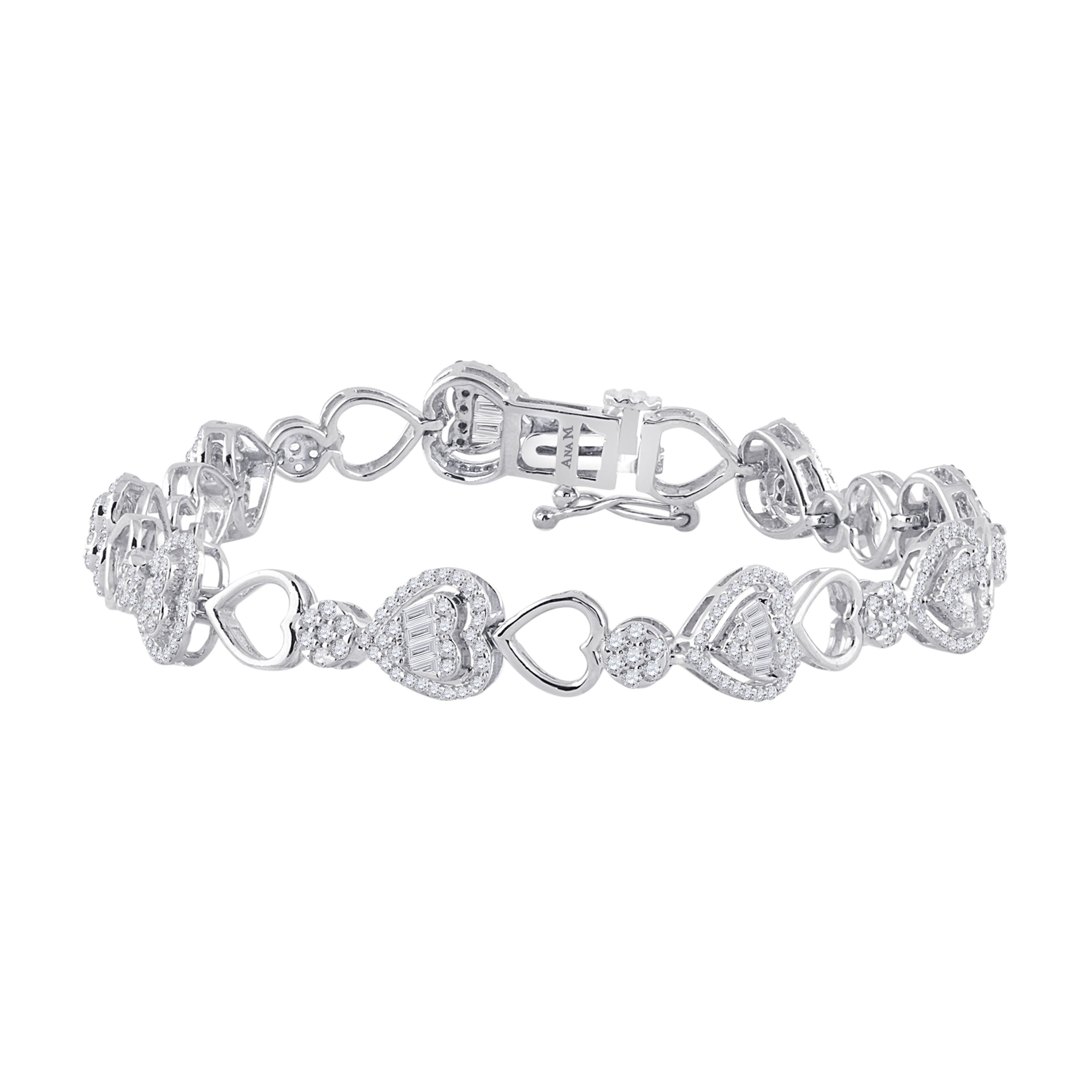 14kt White Gold Womens Baguette Diamond Heart Link Bracelet 1-3/4 Cttw